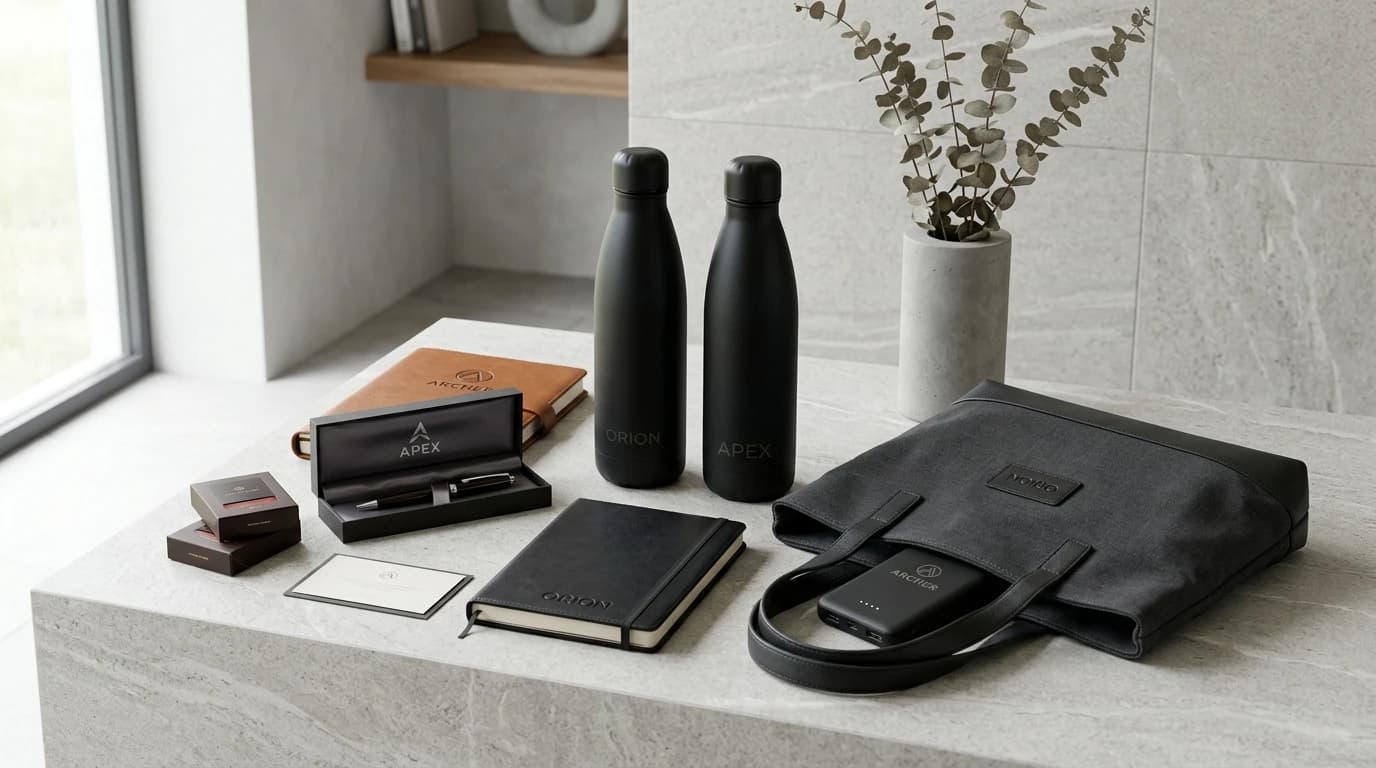 Luxury corporate gifts in Dubai including branded drinkware, notebooks, pens, and tech accessories